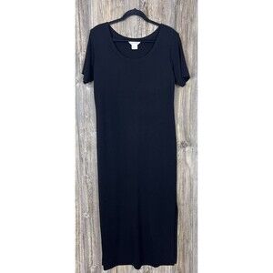 Misook Maxi Dress L Black  Scoop Neck Side Slit Knit Acrylic Quiet Luxury Mature